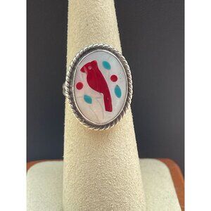Vtg Native American Zuni or Navajo Sterling Silver Oval Ring Red Cardinal Inlay